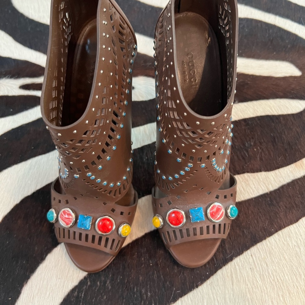 Gucci Laser Cut Turquoise Embellished with Open Toe Bootie